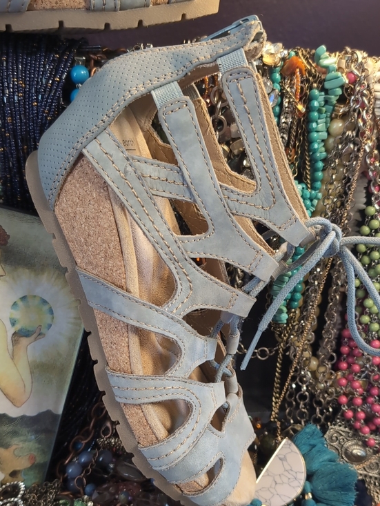 Earth Shoes - Lace-Up Leather Light Blue Gladiator Cutout Cork Wedge Sandals